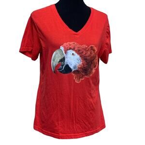 Upcycled Hand Printed Large Red Macaw Parrot Ukraine Artist Fundraiser Bird Tee